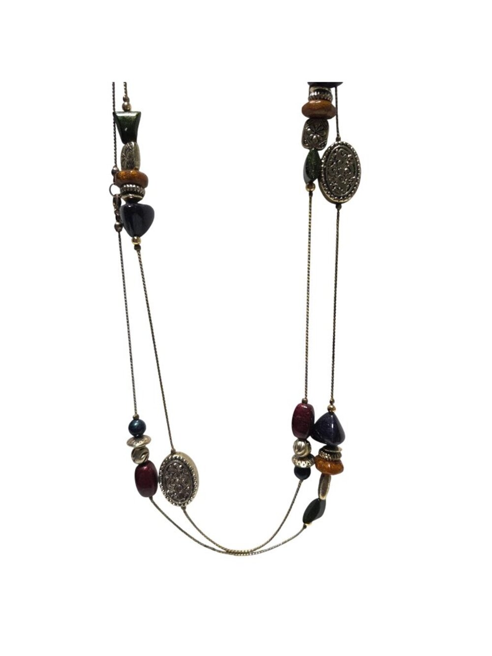 Boho Long Necklace Beaded Accents Ornate Metal Charms Fashion Jewelry